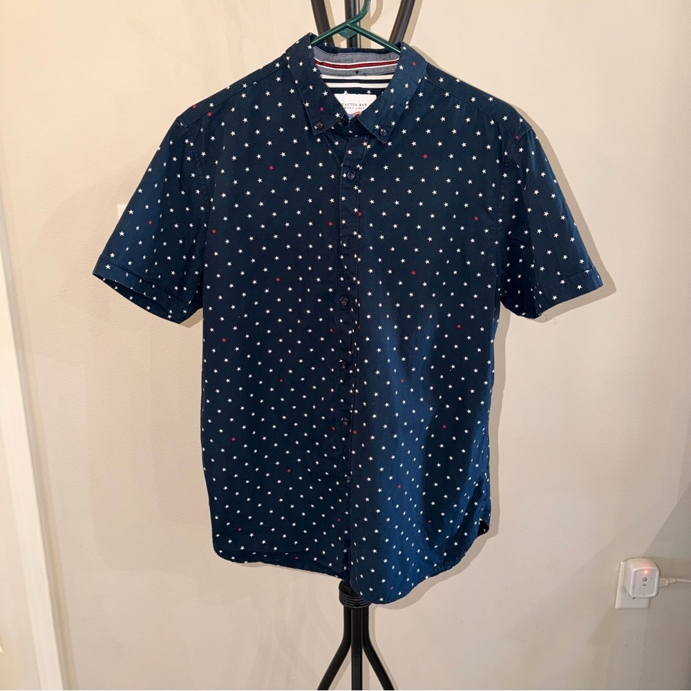Cactus Man Navy Star Print Button Up Shirt Mens Large Short Sleeve